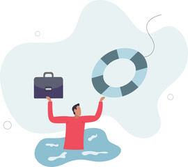 Help in crisis, life saver, rescue or business support, safe and security aid to solve problem, emergency lifebuoy concept.flat design with people.