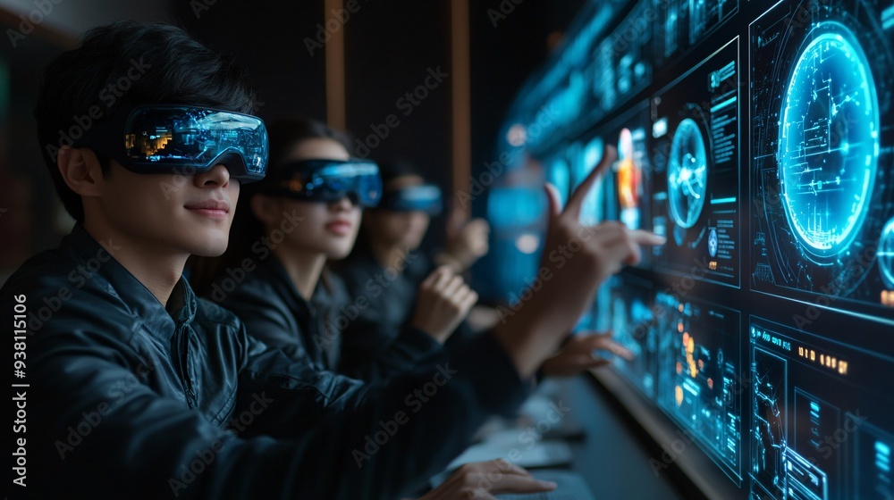 Poster A team of professionals in a modern office space using 3D holograms to collaborate on various design and engineering projects showcasing a futuristic approach to problem-solving Stock Photo with copy