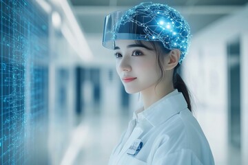 Portrait of a Woman in a High Tech Environment with Digital Brain Overlay Representing the Intersection of Healthcare and Technology