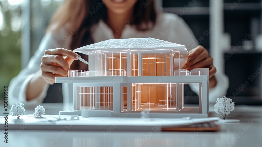 Aufkleber An architect at a sleek workstation adjusting a 3D hologram of a building blueprint while colleagues work on similar holographic models nearby demonstrating a high-tech collaborative environment