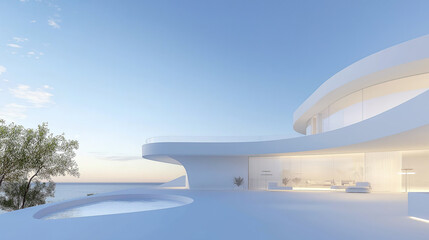 White luxury modern villa with beautiful sea view, minimalist curve line design, scene for car presentation