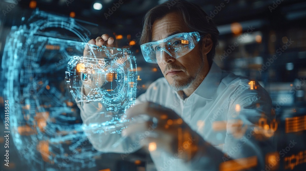 Poster An engineer fine-tuning a complex machinery design using a 3D hologram in an open-concept office surrounded by other professionals engaging with similar technology Stock Photo with copy space