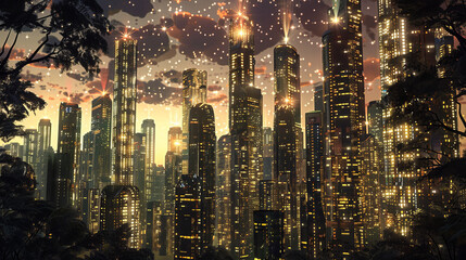 A cityscape depicted in an electrical style, with vibrant lines and glowing elements, creating a futuristic and dynamic urban visual.