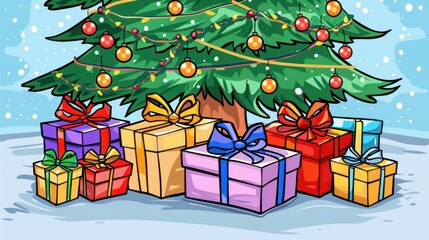 Illustration of a pile of holiday gifts under a decorated Christmas tree.