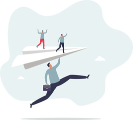 Obraz premium businessman standing on leading flying paper airplane origami pointing finger to the direction to reach goal.flat design with people.