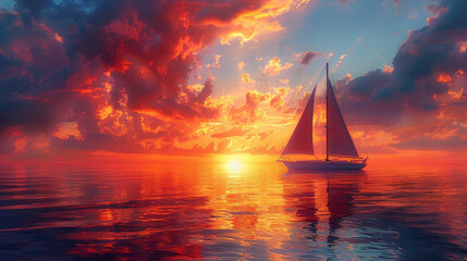 A small yacht silhouetted against a vibrant sunset at sea, the sky ablaze with orange, pink, and purple hues