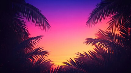Vibrant Sunset Over Palm Leaves with Deep Orange and Purple Hues
