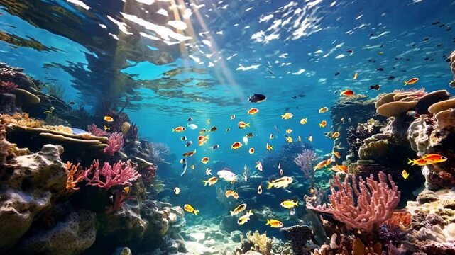 Blue Water Tropical Reef. Tropical underwater sea fish. Blue ocean underwater world. Marine life sea world. Great barrier reef in Australia.	