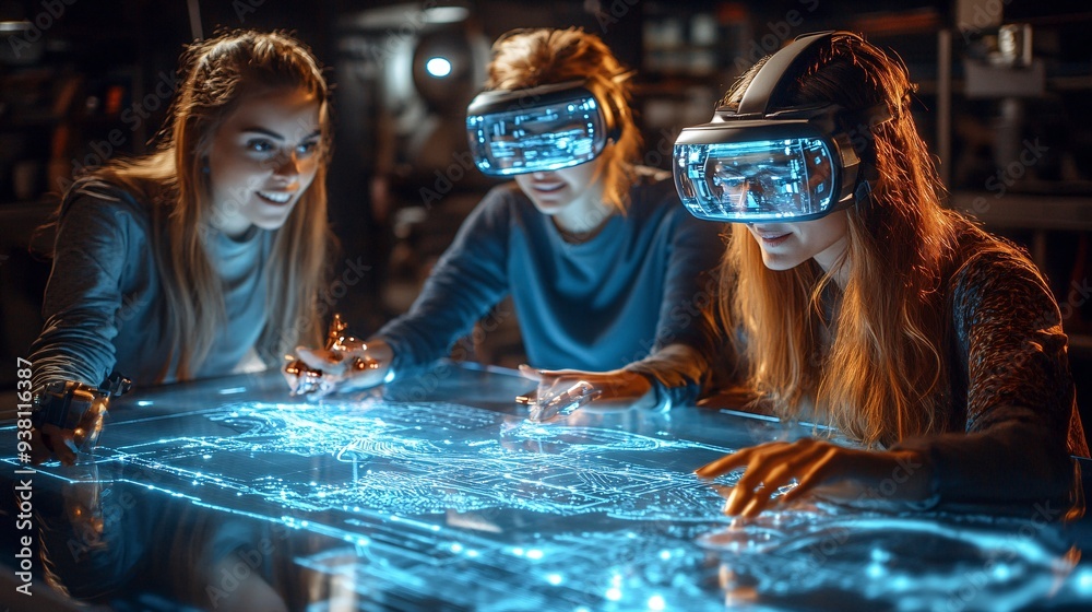 Aufkleber A creative team collaborating on a large-scale 3D hologram in the center of an open office space demonstrating how futuristic technology enhances teamwork and innovation Stock Photo with copy space