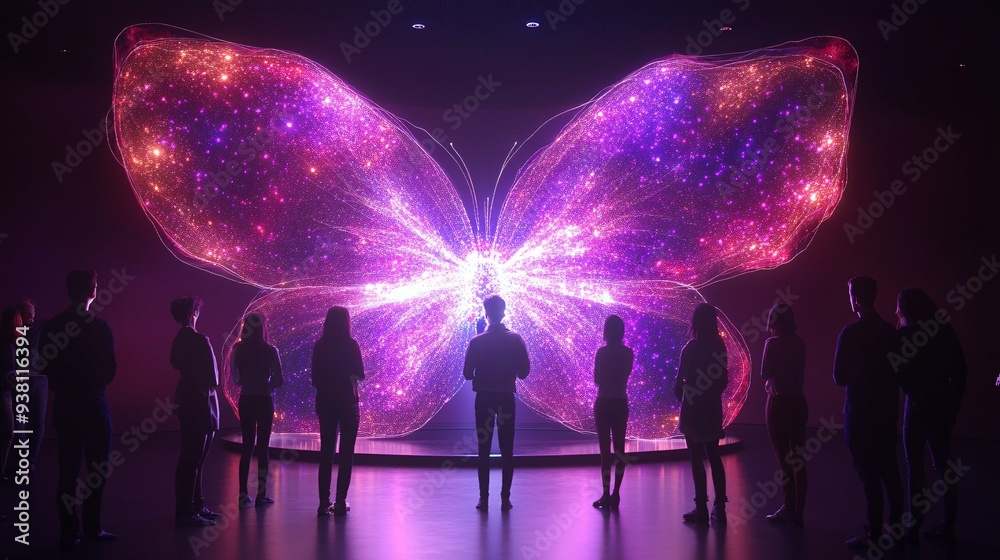 Poster A creative team collaborating on a large-scale 3D hologram in the center of an open office space demonstrating how futuristic technology enhances teamwork and innovation Stock Photo with copy space
