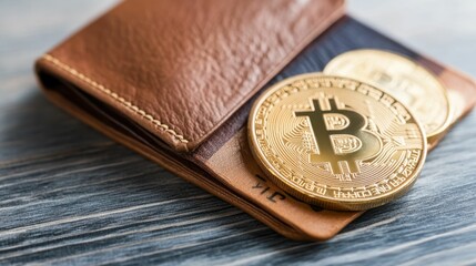 A wallet with a gold coin and a bitcoin coin