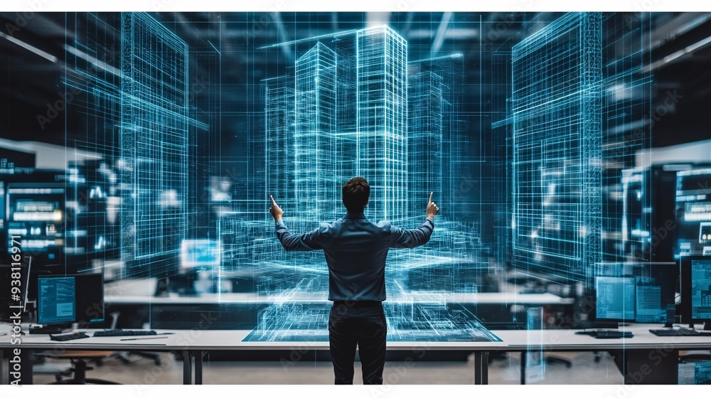 Aufkleber An architect standing in a modern workspace reaching out to interact with a glowing 3D holographic building blueprint floating in the air showcasing the futuristic approach to design visualization