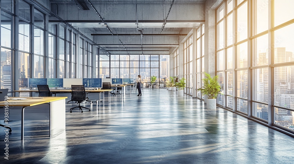 Aufkleber A spacious modern office where professionals use 3D holograms to visualize and solve complex design problems reflecting a futuristic approach to workplace productivity Stock Photo with copy space