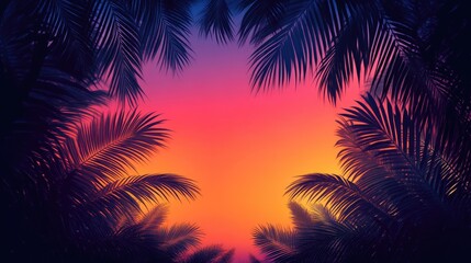 Obraz premium Vibrant Sunset Gradient Framed by Palm Leaf Silhouettes
