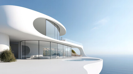 Fototapeta premium White luxury modern villa with beautiful sea view, minimalist curve line design, scene for car presentation