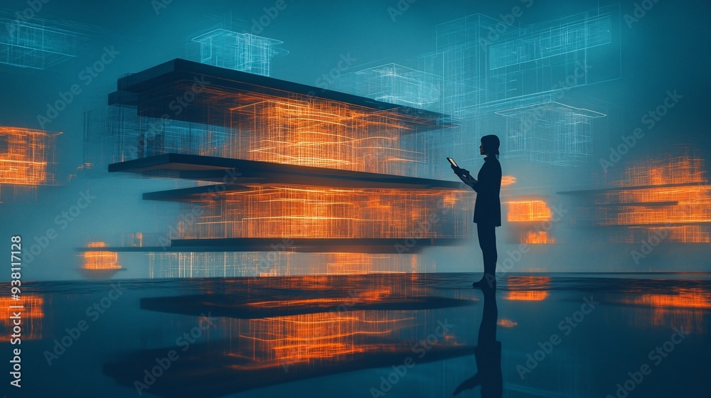 Poster A wide shot of an architect analyzing a 3D holographic floor plan with detailed structural layers suspended in the air highlighting advanced technology in architecture Stock Photo with copy space