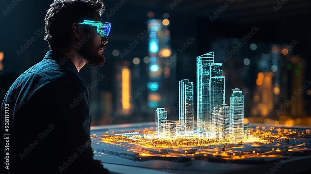 Poster An architect in a darkened studio viewing a holographic model of a complex building blueprint illuminated with blue and green lights representing the integration of digital tools in architectural