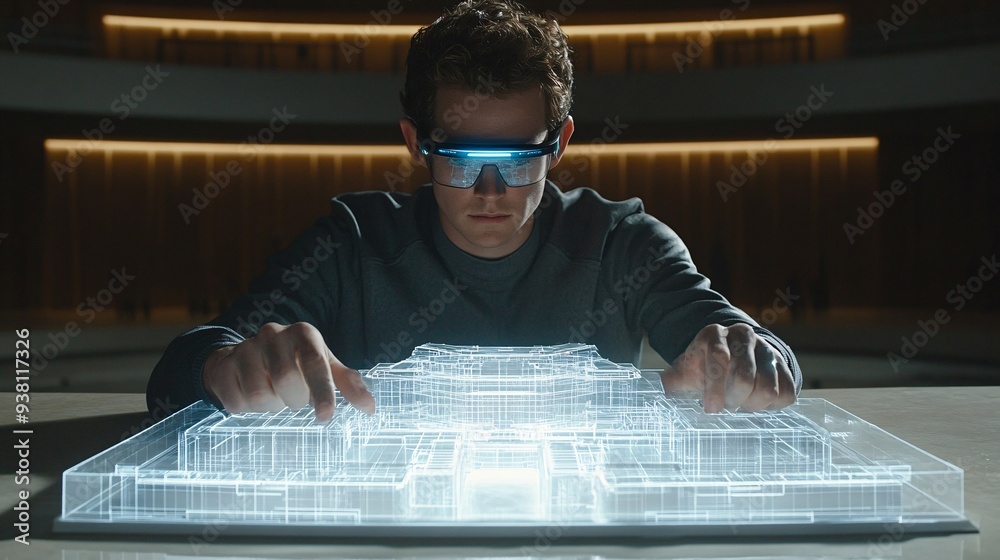 Poster An architect wearing smart glasses while manipulating a 3D holographic model of a futuristic building blueprint floating in front of them depicting the seamless blend of augmented reality and