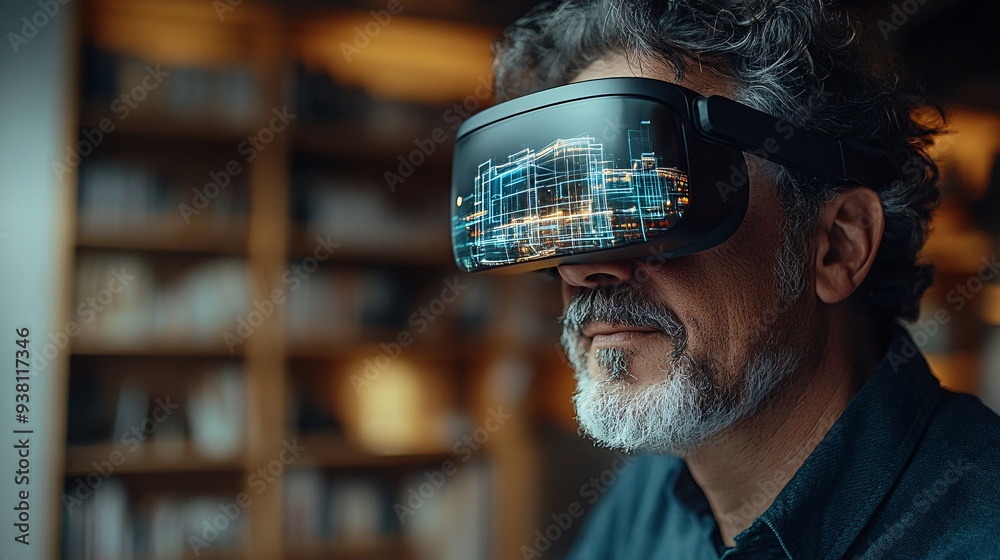 Poster An architect wearing smart glasses while manipulating a 3D holographic model of a futuristic building blueprint floating in front of them depicting the seamless blend of augmented reality and