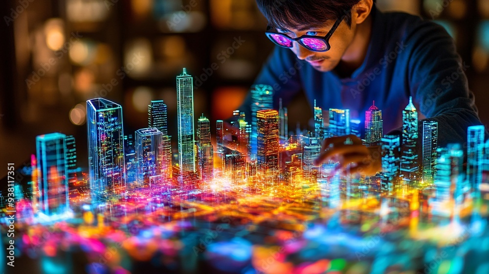 Poster An overhead view of an architect interacting with a large 3D holographic projection of a cityscape demonstrating how urban planning is enhanced with holographic technology Stock Photo with copy space