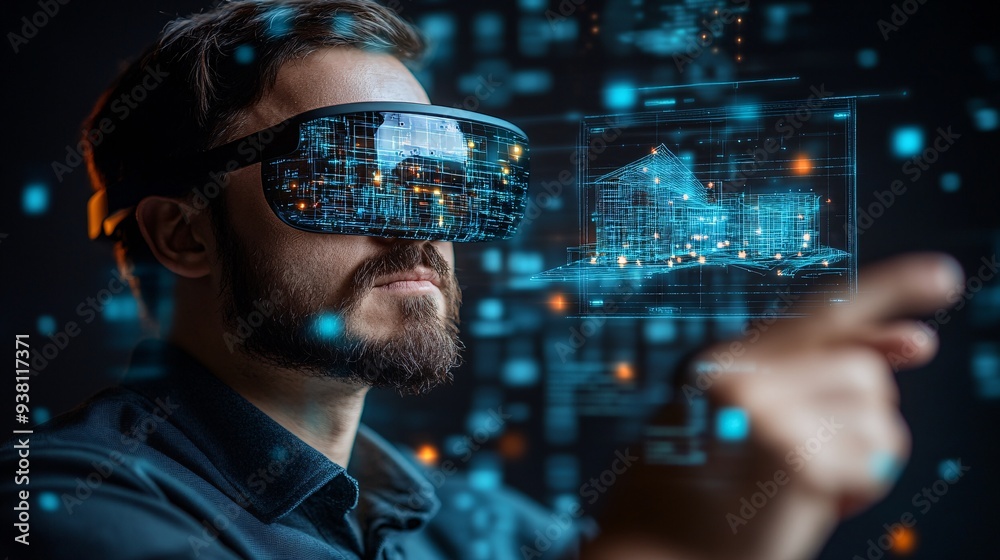 Aufkleber An architect wearing smart glasses while manipulating a 3D holographic model of a futuristic building blueprint floating in front of them depicting the seamless blend of augmented reality and