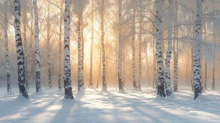 Golden Sunlight Filtering Through Frosted Birch Forest