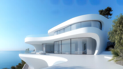 Fototapeta premium White luxury modern villa with beautiful sea view, minimalist curve line design, scene for car presentation
