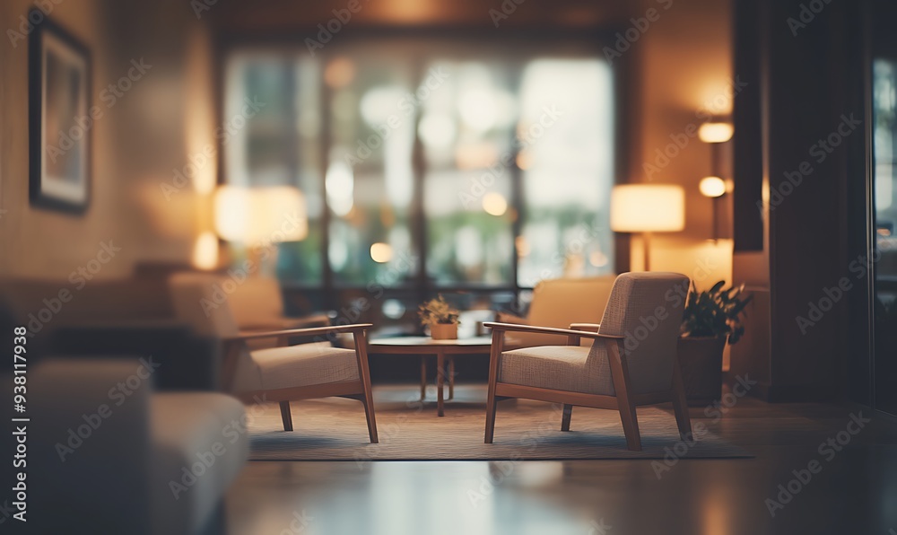 Poster blurred lounge area with soft ambient lighting and cozy setting