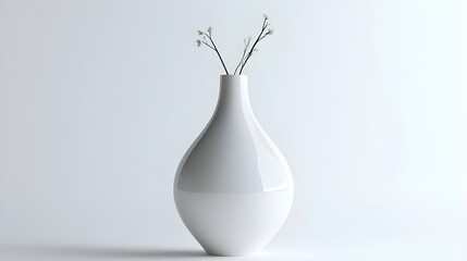 On a white background a minimalist, modern white ceramic vase with a glossy finish. 