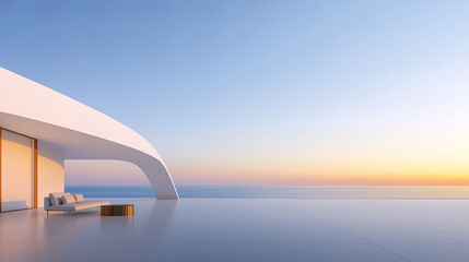 White luxury modern villa with beautiful sea view, minimalist geometric design, scene for car presentation