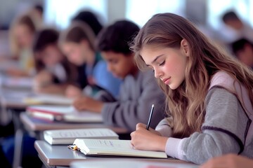 A girl is at a desk in class writing in a notebook