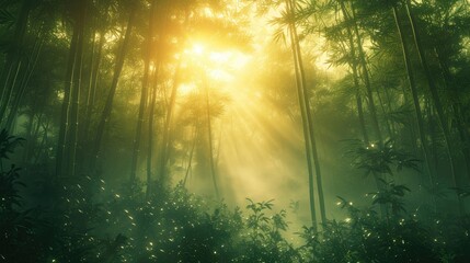 Obraz premium Ethereal Bamboo Forest Bathed in Sunrise Light