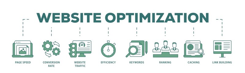 Website optimization icon infographic illustration concept with icon of page speed, conversion rate, website traffic, efficiency, keywords, ranking, caching  icon png and easy to edit  © AFD