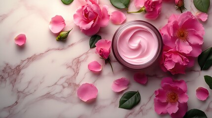 Luxury Rose Petal Cream on Marble Surface