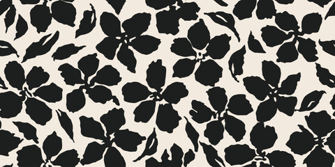 Flowers have organic shape with seamless background. Simple abstract floral pattern. Modern printing in black and white. Ideal for textile design, wallpaper, cards, posters and decoration.
