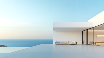 White luxury modern villa with beautiful sea view, minimalist geometric design, scene for car presentation