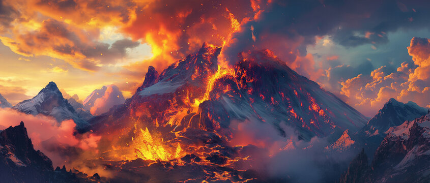 A stunning display volcanic eruption with plumes of ash and smoke rising from the crater, against a backdrop of vivid twilight hues.
