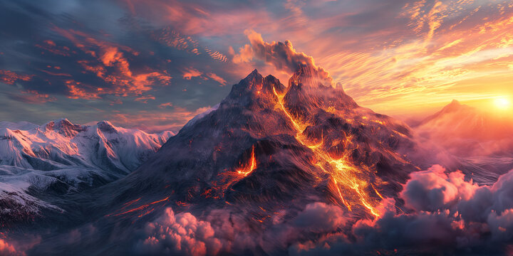 A stunning display volcanic eruption with plumes of ash and smoke rising from the crater, against a backdrop of vivid twilight hues.
