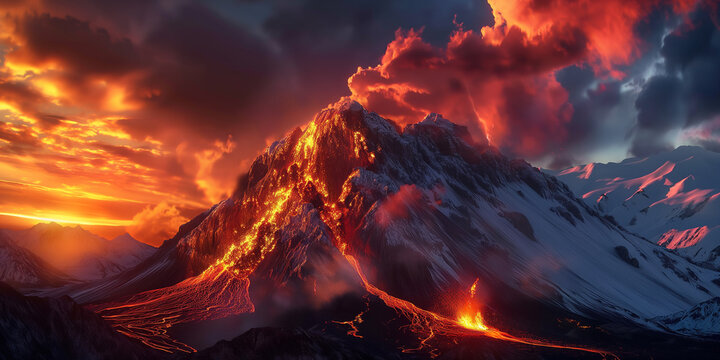 A stunning display volcanic eruption with plumes of ash and smoke rising from the crater, against a backdrop of vivid twilight hues.
