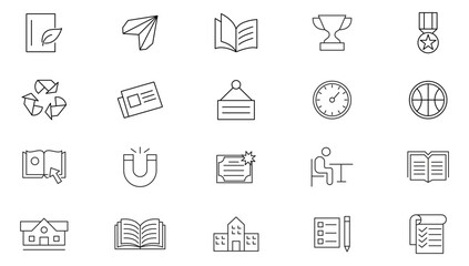 School line icon collection. Back to school, education, learning, study, university and institute, textbook, bag, pencilbox, students, library, and teacher icon set. UI outline icon pack