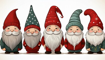 a cute happy christmas gnome collection on white background,Set of Christmas scandinavian gnomes.Cute cartoon seven dwarfs for Snow White fairy tale.