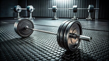 A sleek, chrome-finish Olympic barbell lies on a rubber gym mat, surrounded by iron weight plates, ready for a intense weightlifting session.