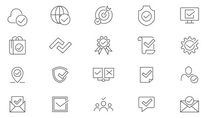Check mark line icon collection. Approve, certified, quality, agreement, badge medal, checkmark, selection, accept, confirm, approved, and checklist icon set. UI outline icon pack