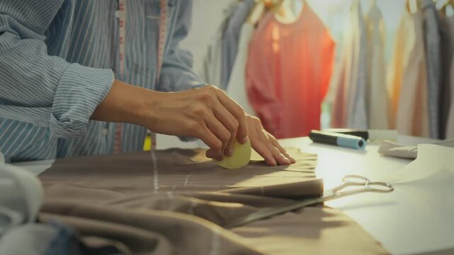 Tailor. Modern girl working with patterns marks lines of a pattern on textile fabric in a creative room. Draws lines for cutting with scissors, experiments with textures and prints, needlewoman