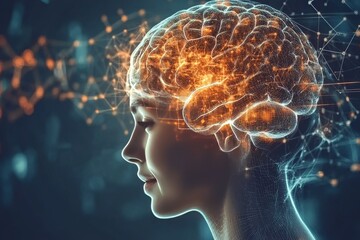 Profile of a Woman with a Glowing Brain Visualization Representing Neural Activity Cognitive Processes and the Power of Thought in a Futuristic Context