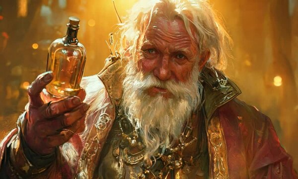 Elderly Alchemist Holding a Bottle