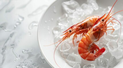 Fresh red shrimp on ice in a white dish with a clean background