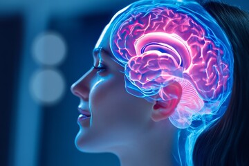 Obraz premium Profile of a Young Woman with a Glowing Brain Symbolizing Cognitive Power Neural Activity and the Strength of Youthful Thought in a Futuristic Blue Toned Setting