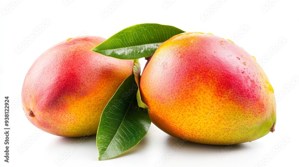 Wall mural two ripe mangoes with green leaves and water droplets on white background.