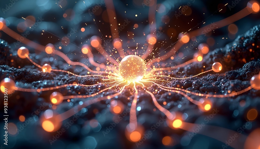 Poster quantum entanglement visualization - interconnected orbs of light with swirling particles and data s